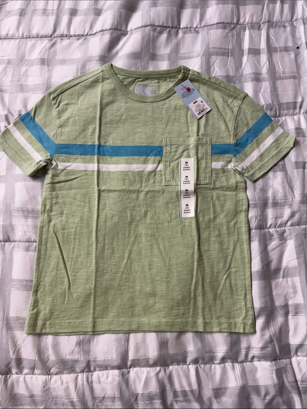 Cat & Jack Light Green Tee with Blue and White Stripes Boy’s Shirt M (8)